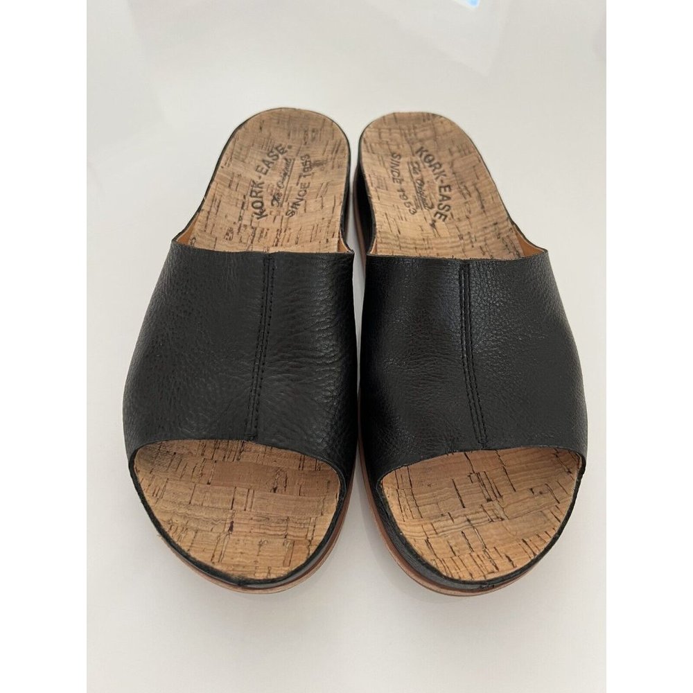 Kork-Ease Black Leather Slides Slip On Shoe Sandals Cork Sole Women’s Size 7